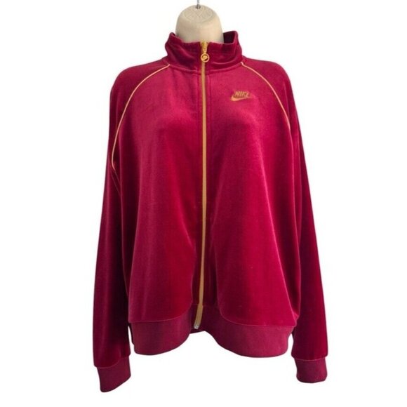 Nike Woman's Sz XL Burgundy Red Velour Gold Trim Full Zip Track Jacket - Picture 1 of 9